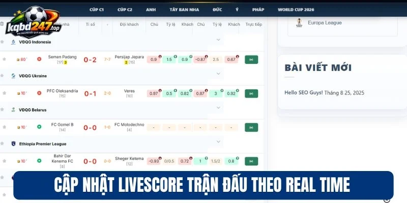 Cập nhật livescore trận đấu theo real time