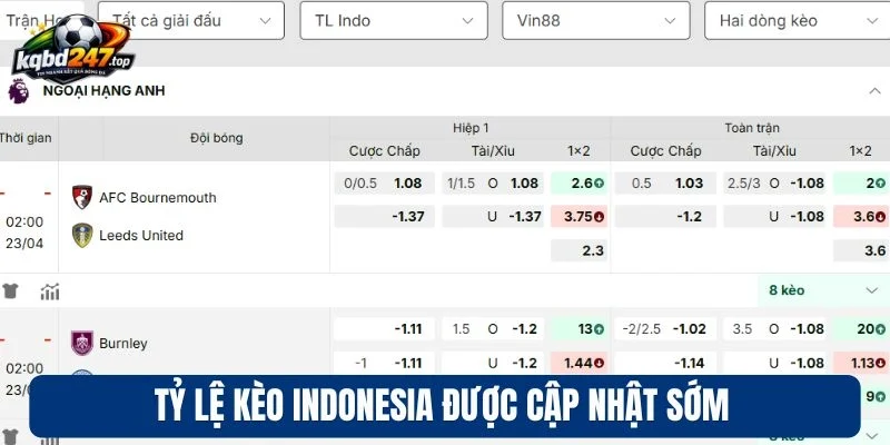 Tỷ lệ kèo Indonesia được cập nhật sớm