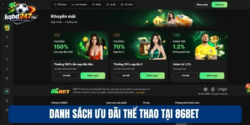 Danh sách ưu đãi thể thao tại 86Bet